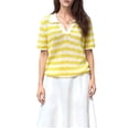 thumbnail image 1 of Womens Crochet Tops Summer Short Sleeve Striped Pullover Sweater Collared Knit Shirts Cover Up Top Yellow S, 1 of 8