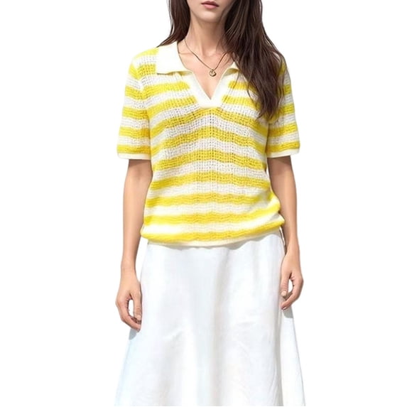 Womens Crochet Tops Summer Short Sleeve Striped Pullover Sweater Collared Knit Shirts Cover Up Top Yellow S