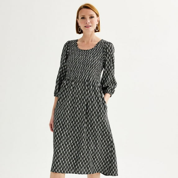 Womens Croft & Barrow 3/4 Sleeve Smocked Challis Dress Color: Black Tan Small Tile Size: X SMALL