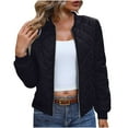 thumbnail image 1 of Womens Crop Bomber Jacket Full Zip Quilted Hoodless Coat with Pockets Solid Color Casual Long Sleeve Outerwear (2XL, Black), 1 of 7