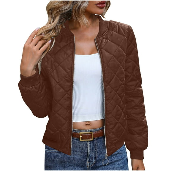 Womens Crop Bomber Jacket Full Zip Quilted Hoodless Coat with Pockets Solid Color Casual Long Sleeve Outerwear (M, Coffee)