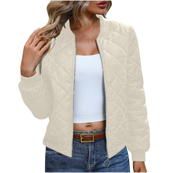 Womens Crop Bomber Jacket Full Zip Quilted Hoodless Coat with Pockets Solid Color Casual Long Sleeve Outerwear (M, Khaki)