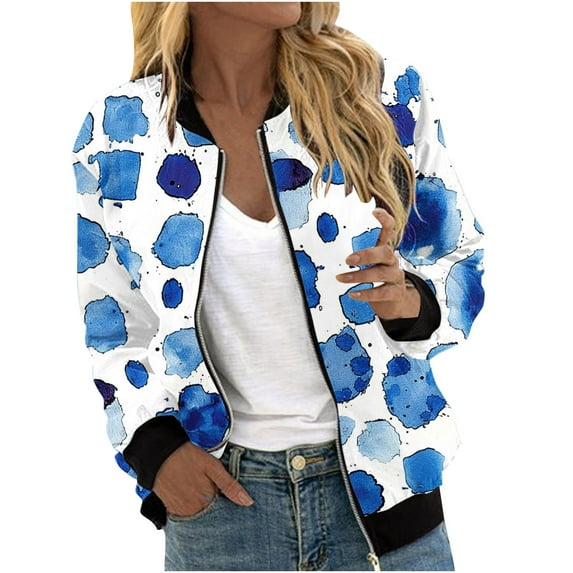 Womens Crop Bomber Jackets with Pockets Long Sleeve Casual Zip Up Jacket Outerwear No Hood Printed Fashion Coats (2XL, Blue)