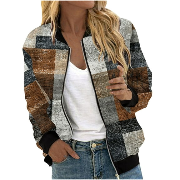 Womens Crop Bomber Jackets with Pockets Long Sleeve Casual Zip Up Jacket Outerwear No Hood Printed Fashion Coats (L, Brown)