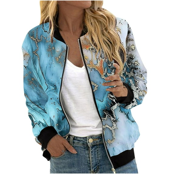 Womens Crop Bomber Jackets with Pockets Long Sleeve Casual Zip Up Jacket Outerwear No Hood Printed Fashion Coats (L, Light Blue)