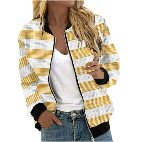 Womens Crop Bomber Jackets with Pockets Long Sleeve Casual Zip Up Jacket Outerwear No Hood Printed Fashion Coats (L, White 01)