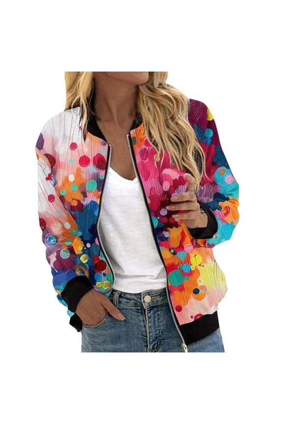 Womens Crop Bomber Jackets with Pockets Long Sleeve Casual Zip Up Jacket Outerwear No Hood Printed Fashion Coats (M, Purple)