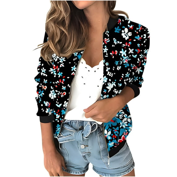 Womens Crop Bomber Jackets with Pockets Long Sleeve Casual Zip Up Jacket Outerwear No Hood Printed Fashion Coats (M, Sky Blue)