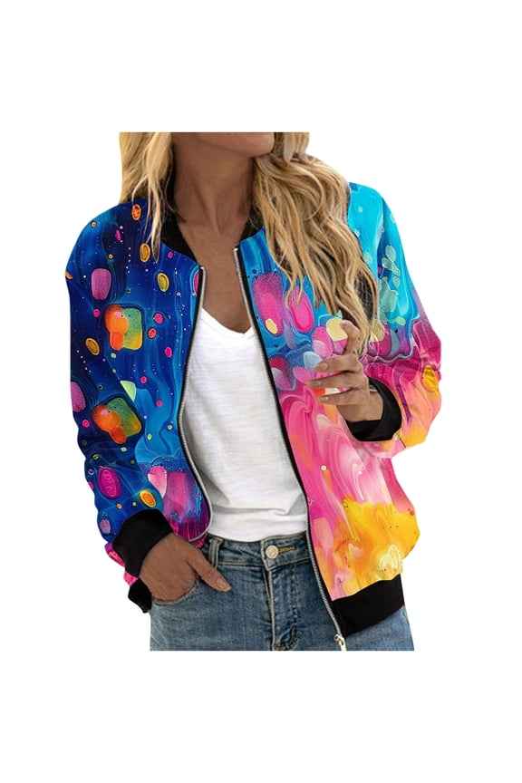 Womens Crop Bomber Jackets with Pockets Long Sleeve Casual Zip Up Jacket Outerwear No Hood Printed Fashion Coats (M, Yellow)