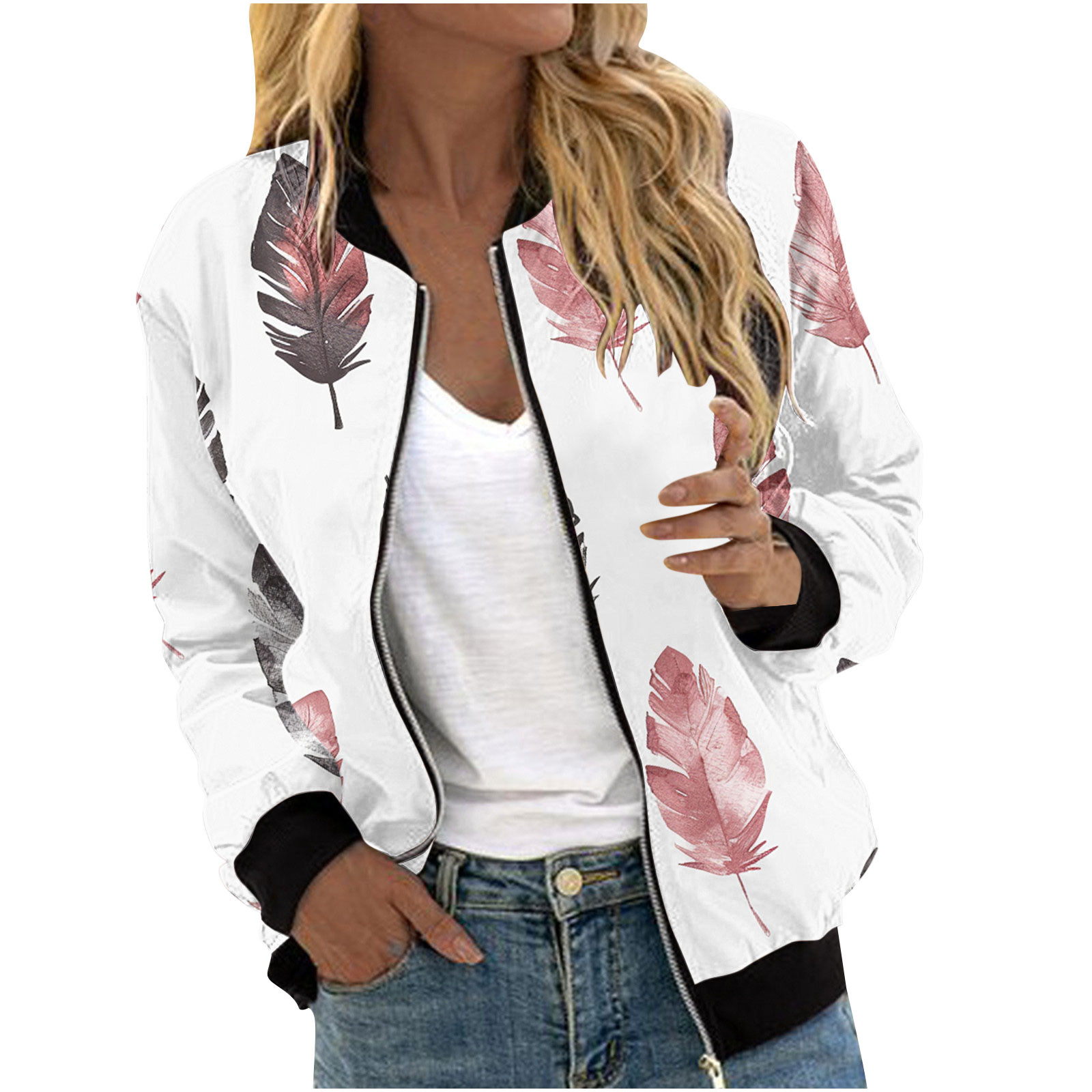 Womens Crop Bomber Jackets with Pockets Long Sleeve Casual Zip Up 