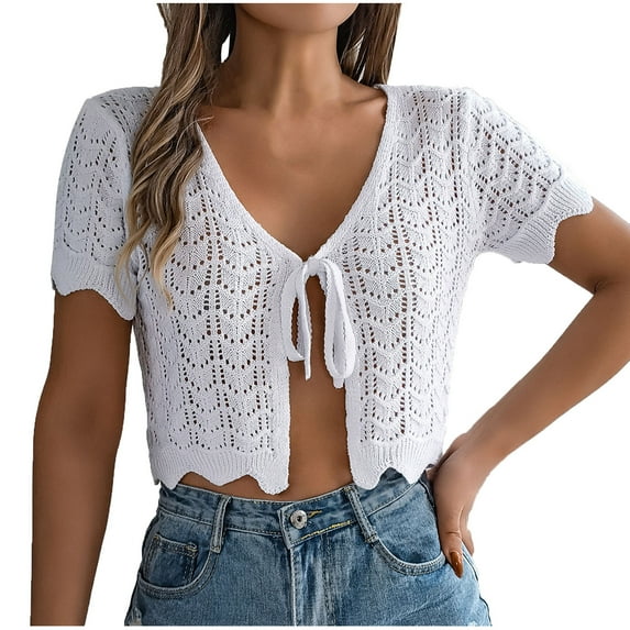 Womens Crop Cardigans Casual Crochet Lightweight Tie Front Short Sleeve Tops Ladies Sexy Solid Trendy Hollow Out Cardigan Cropped Top Christmas Gifts