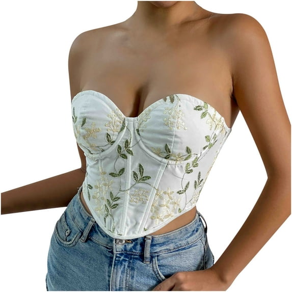 Womens Crop Corset Tops Floral Embroidered Vintage Going Out Bustier Corsets Fish Bones Body Trimmer Bodice Shapewear Yellow, S