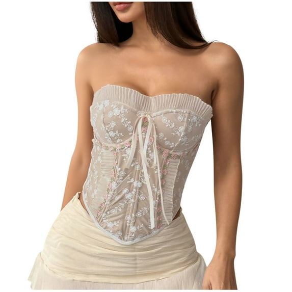 Womens Crop Corset Tops Floral Embroidered Vintage Going Out Bustier Corsets Fish Bones Ruffle Bodice Shapewear Beige, M