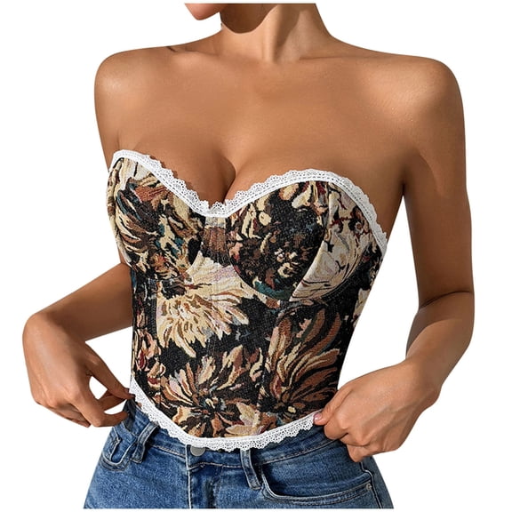 Womens Crop Corset Tops Floral Vintage Going Out Bustier Corsets Fish Bones Body Trimmer Bodice Shapewear Brown, L