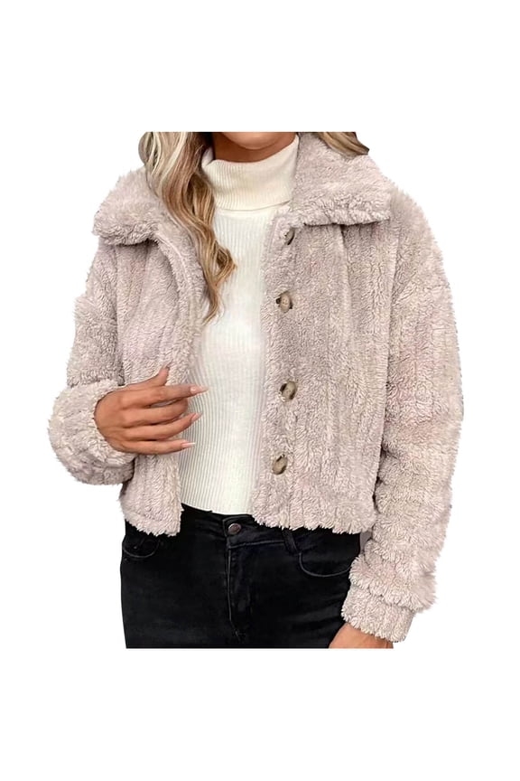 Womens Crop Fleece Jacket Long Sleeve Button Down Lapel Bomber Fur Sherpa Coat Fashion Solid Color Winter Warm Thermal Outwear