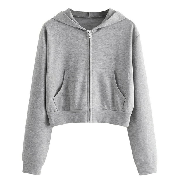 Womens Crop Full Zip up Hoodie Drawstring Workout Plain Sweatshirt Short Jacket Zipper Top Lightweight Outerwear Large Gray Walmart Business Supplies