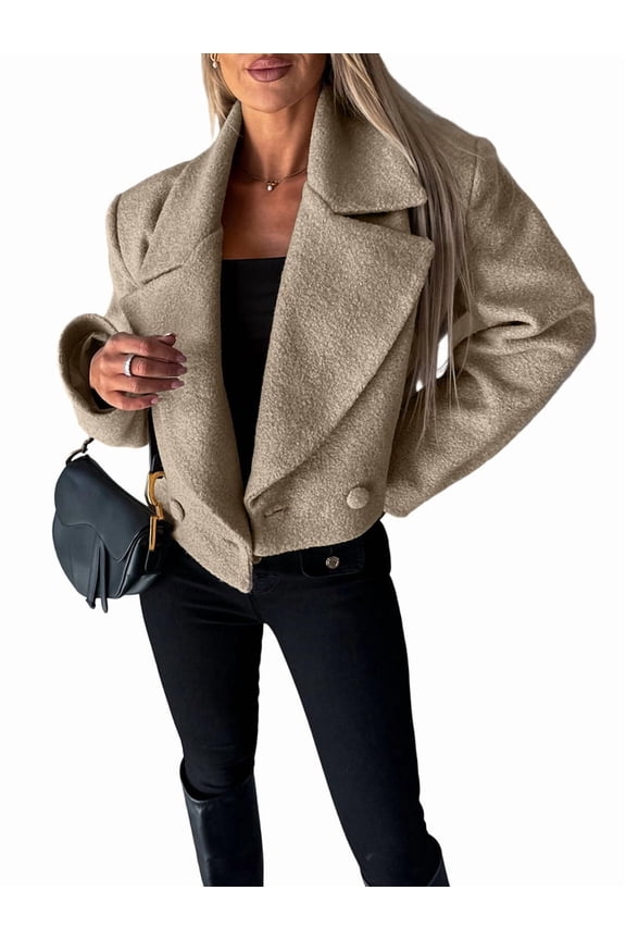 Womens Crop Pea Coat Wool Blend Office Work Lapel Collar Short Winter Jacket Trench Coat Light Coffee Color L