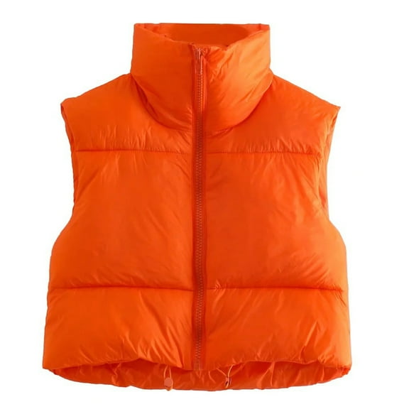 Womens Crop Puffer Vest Lightweight Sleeveless Warm Outerwear Stand Collar Zipper Up Solid Short Padded Gilet Waistcoat