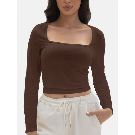 Women's Square Neck Long Sleeve Crop Top - Slim Fit Basic Blouse T-Shirt