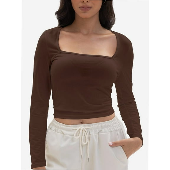 Womens Crop Shirts Square Neck Long Sleeve Top Basic Slim Fitted Blouse T-Shirts