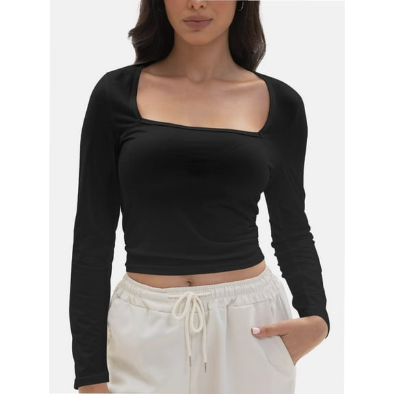 Women's Square Neck Long Sleeve Crop Top - Slim Fit Basic Blouse T-Shirt
