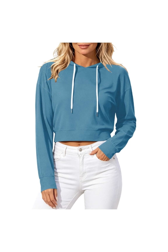 Womens Crop Sweatshirts Hooded Long Sleeve Sweatshirt with Back Cutout Sweat Workout Street Hoodie Light Blue S