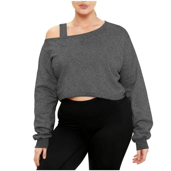Womens Crop Sweatshirts Long Sleeve Cold Shoulder Pullover Loose Solid Color Workout Casual Strappy Tops (2XL, Dark Gray)