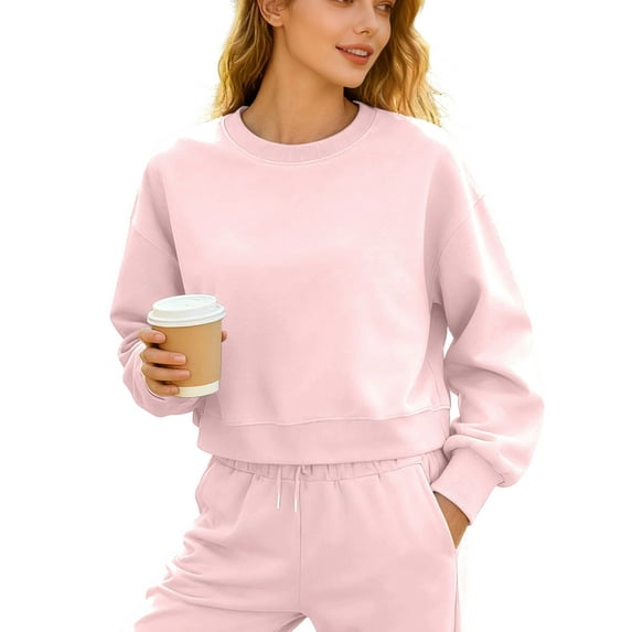 Womens Crop Sweatshirts without Hood Casual Crewneck Plain Pullover Loose Fit Long Sleeve Athletic Sports Tops (XL, Pink)