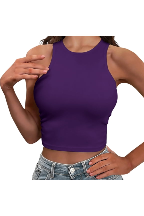 Womens Crop Tank Top Solid Color Sleeveless Round Neck Casual Summer Camisole Vest Undershirt Base Layer Tee Dark Purple