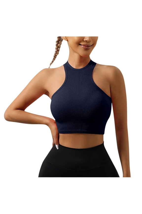 Womens Crop Tank Tops Basic Seamless Ribbed Round High Neck Cropped Workout Top Summer Causal Yoga Gym Shirts