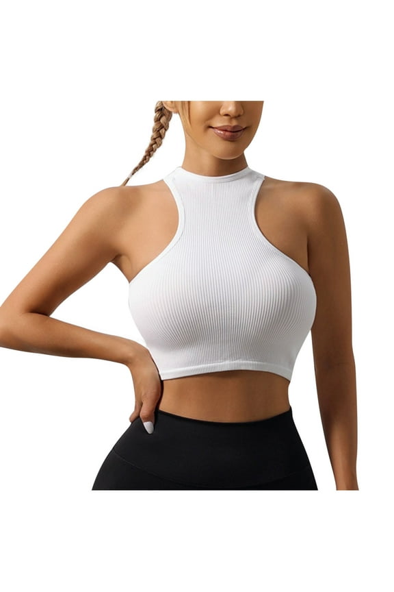 Womens Crop Tank Tops Basic Seamless Ribbed Round High Neck Cropped Workout Top Summer Causal Yoga Gym Shirts