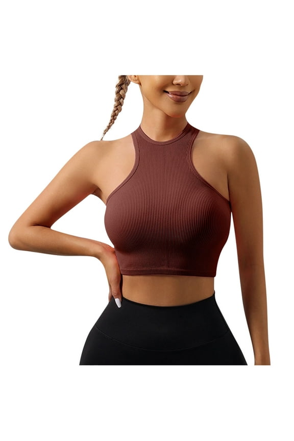 Womens Crop Tank Tops Basic Seamless Ribbed Round High Neck Cropped Workout Top Summer Causal Yoga Gym Shirts