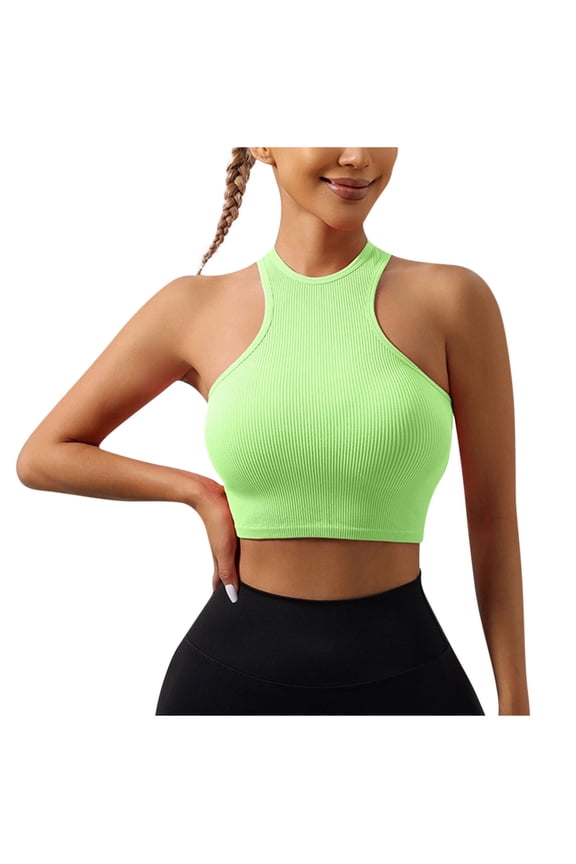 Womens Crop Tank Tops Basic Seamless Ribbed Round High Neck Cropped Workout Top Summer Causal Yoga Gym Shirts