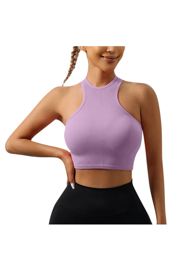 Womens Crop Tank Tops Basic Seamless Ribbed Round High Neck Cropped Workout Top Summer Causal Yoga Gym Shirts