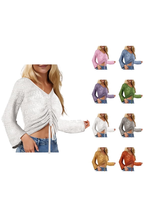 Womens Crop Top 2025 Sheer Ruffled Sleeve Blouse Tops Off Shoulder Front Drawstring Tunic Top Womens Pullover Sweaters