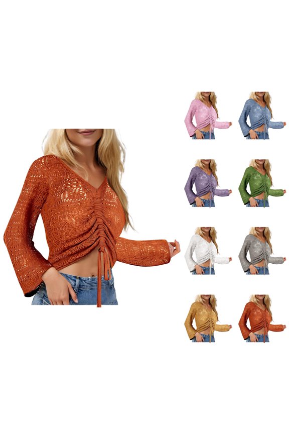 Womens Crop Top 2025 Sheer Ruffled Sleeve Blouse Tops Off Shoulder Front Drawstring Tunic Top Womens Pullover Sweaters