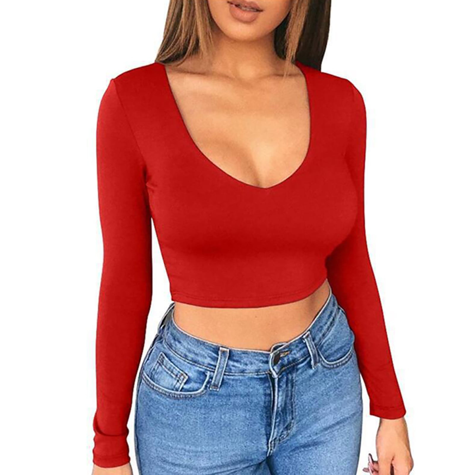 ToBeInStyle Junior Women's Slim Fit Long Sleeve Shirt Scoop Neckline Basic  Tee Layering Cotton Top at  Women’s Clothing store