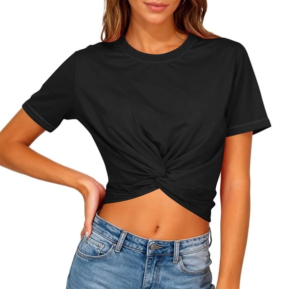 Womens Crop Tops Crewneck Short Sleeve T Shirts Summer Solid Color Casual Womens Tee Fashion Blouses Streetwear Going Out Tops