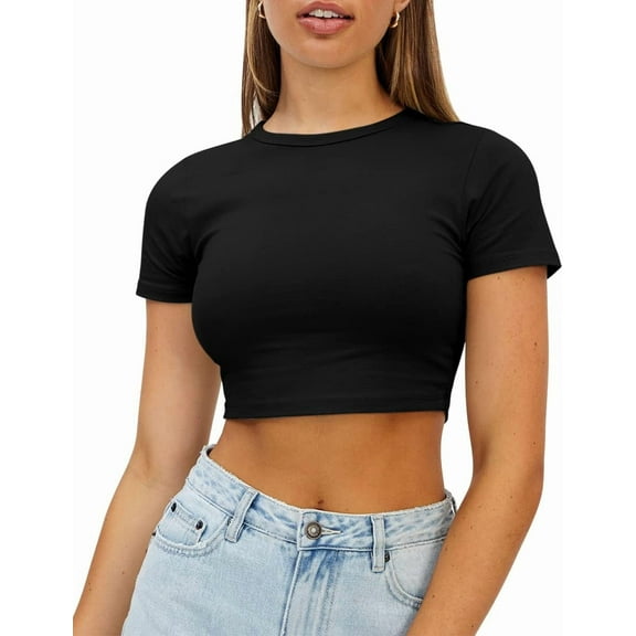Womens Crop Tops Cute Summer Scoop Neck Basic Tees Slim Fit Trendy Short Sleeve T Shirts for Teen Girls