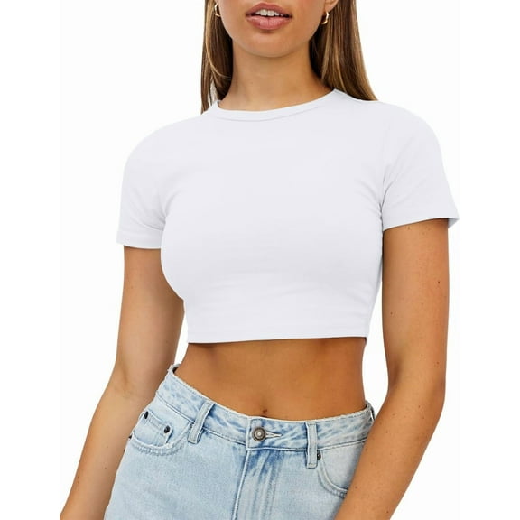 Womens Crop Tops Cute Summer Scoop Neck Basic Tees Slim Fit Trendy Short Sleeve T Shirts for Teen Girls