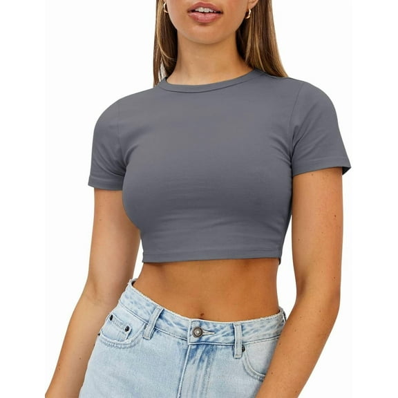 Womens Crop Tops Cute Summer Scoop Neck Basic Tees Slim Fit Trendy Short Sleeve T Shirts for Teen Girls