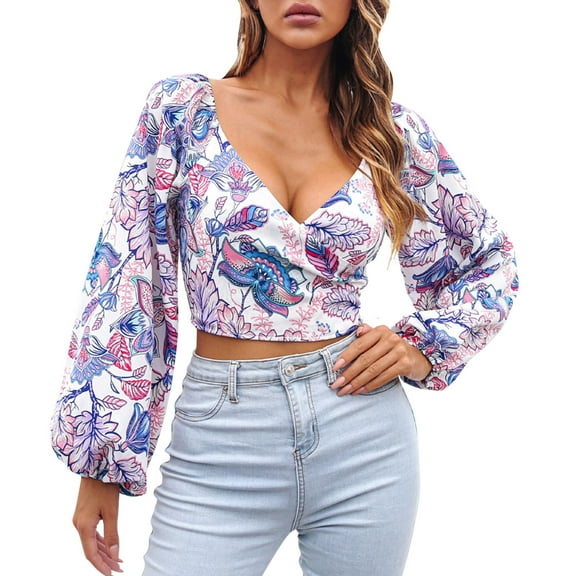 Womens Crop Tops Long Sleeve Shirts Casual Boho Print V Neck Fashion Slim Fit Stretch Fall Clothes for Women Tees Blouses