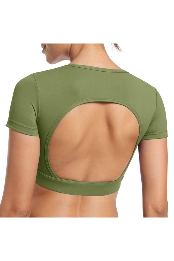Womens Crop Tops Open Back Workout Cropped Tops Seamless Short Sleeve Top Backless Gym Athletic T Shirts Top Built in Bra