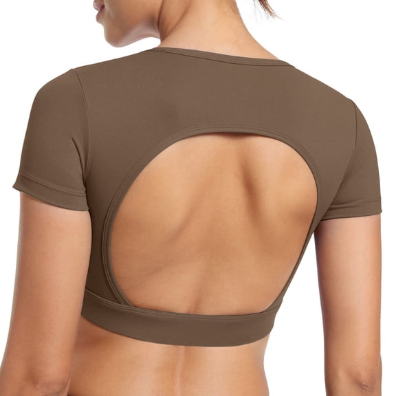 Womens Crop Tops Open Back Workout Cropped Tops Seamless Short Sleeve Top Backless Gym Athletic T Shirts Top Built in Bra