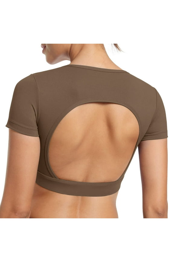 Womens Crop Tops Open Back Workout Cropped Tops Seamless Short Sleeve Top Backless Gym Athletic T Shirts Top Built in Bra