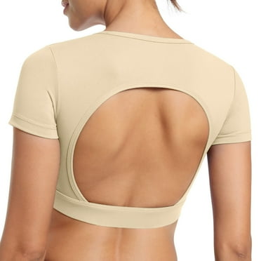 Womens Crop Tops Open Back Workout Cropped Tops Seamless Short Sleeve Top Backless Gym Athletic T Shirts Top Built in Bra