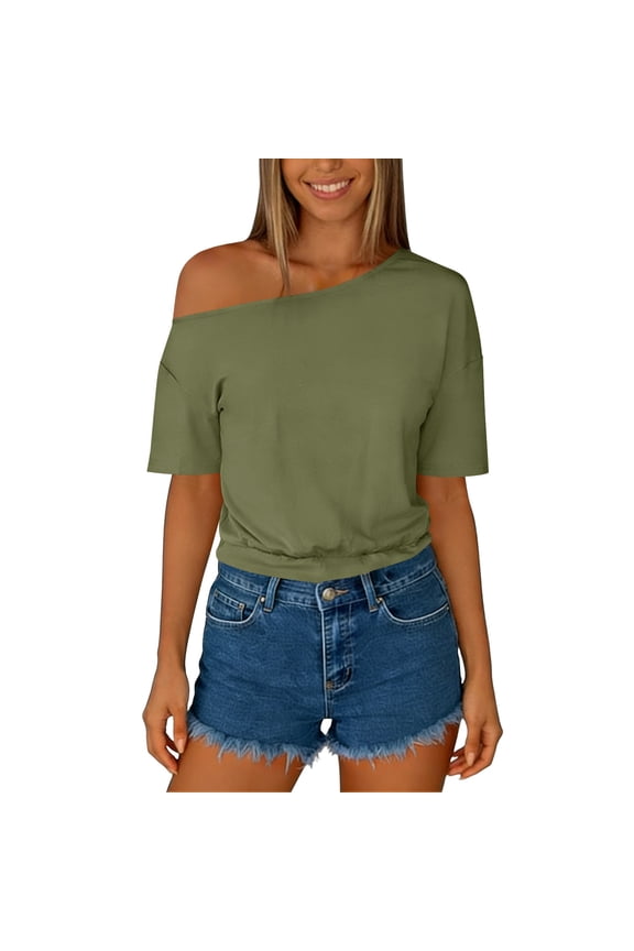 Womens Crop Tops, Oversized Cropped Tee Shirts Solid Color One Shoulder Elbow-Length Casual Summer T-Shirt, Green S