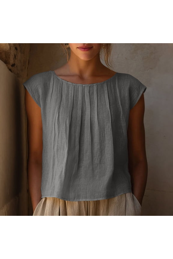 Womens Crop Tops Short Sleeve Cropped Linen T-Shirts Summer Lightweight Casual Blouses Round Neck Solid Short Basic Tees