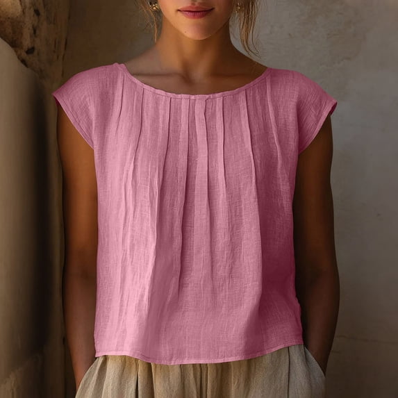 Womens Crop Tops Short Sleeve Cropped Linen T-Shirts Summer Lightweight Casual Blouses Round Neck Solid Short Basic Tees