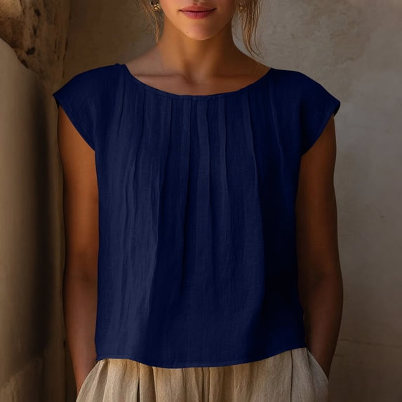 Womens Crop Tops Short Sleeve Cropped Linen T-Shirts Summer Lightweight Casual Blouses Round Neck Solid Short Basic Tees